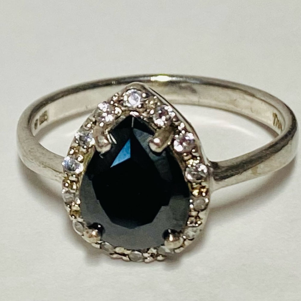 Thailand Sterling Diamond & Faceted Black Gemstone Ring Sz 9 1/4